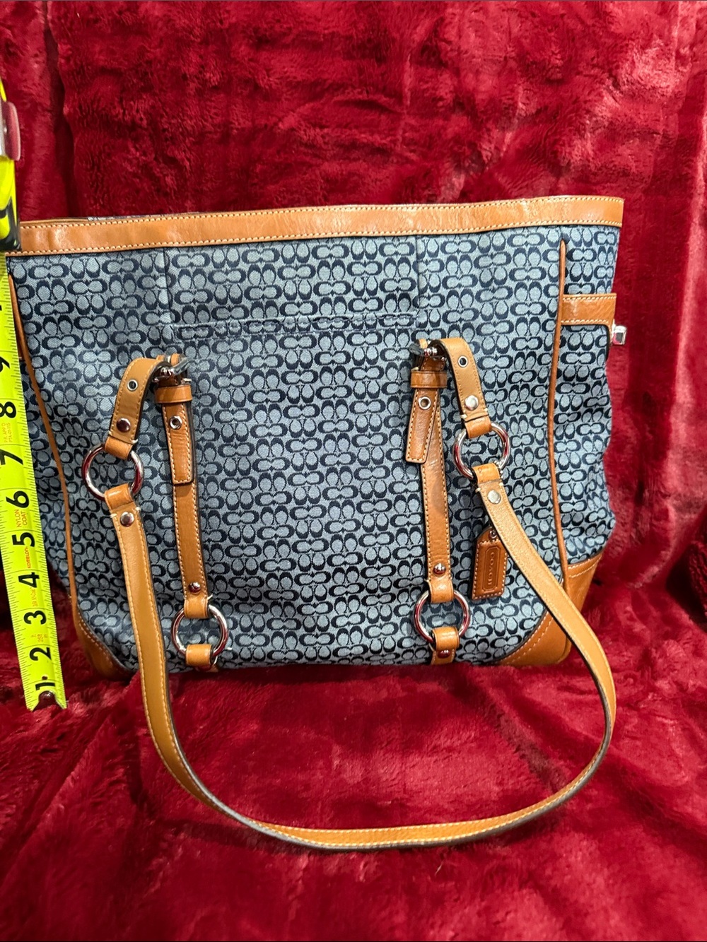 Vintage Coach Navy Patterned Tote with Tan Trim
